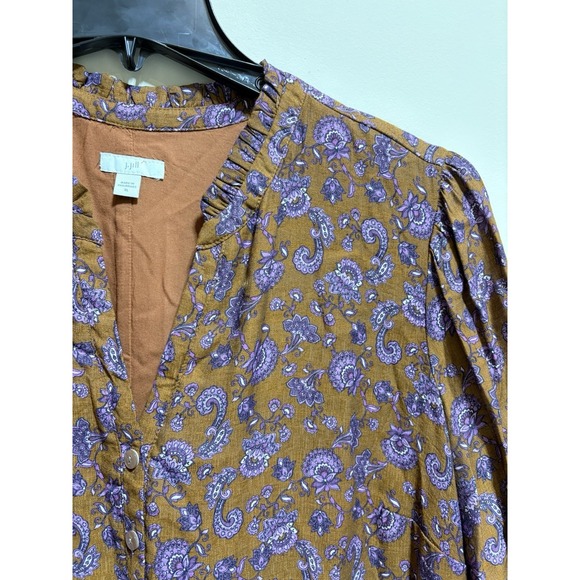 J. Jill XL Brown Purple Paisley Maxi Dress Button Front Ruffle Cotton - Picture 3 of 9
